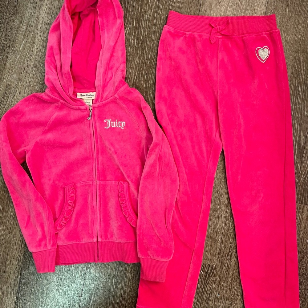 Juicy Couture Girls 2 Piece Velour Hot Pink & Silver Hoodie Jogger Set  Size 6x